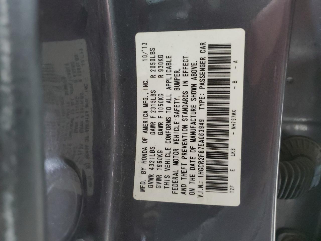 2014 Honda Accord VIN 1HGCR2F87EA063949 Copart auction photo, front end / rear end damage thumbnail 12