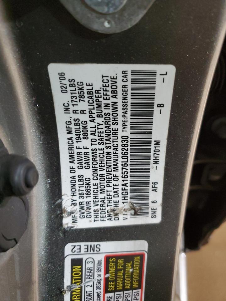 2006 Honda Civic VIN 1HGFA16576L062830 Copart auction photo, front end / mechanical damage thumbnail 12