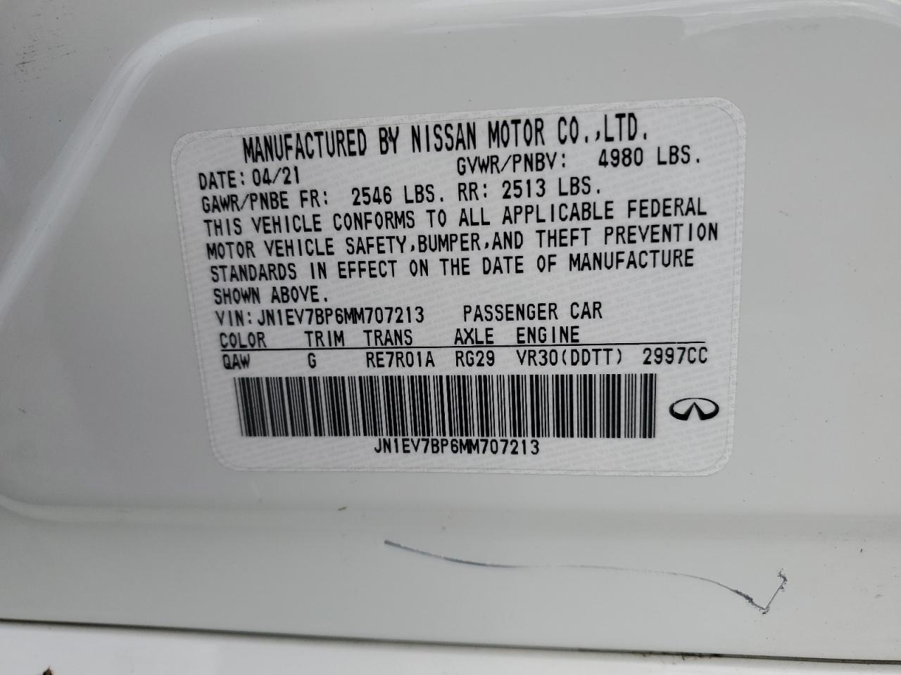 2021 Infiniti Q50 VIN JN1EV7BP6MM707213 Copart auction photo, all over damage thumbnail 12