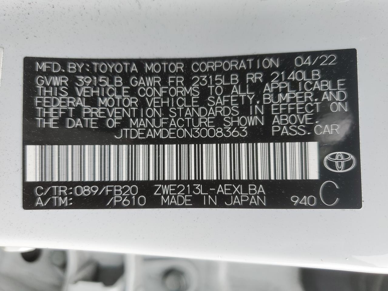 2022 Toyota Corolla VIN JTDEAMDE0N3008363 Copart auction photo, rollover / front end damage thumbnail 15