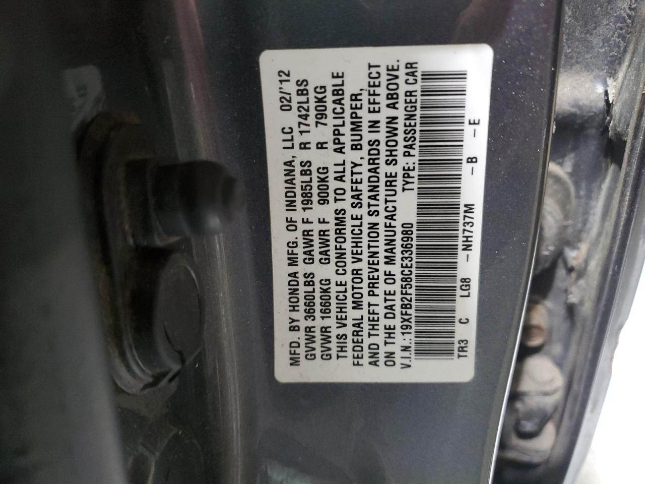 2012 Honda Civic VIN 19XFB2F58CE336980 Copart auction photo, front end / side damage thumbnail 12