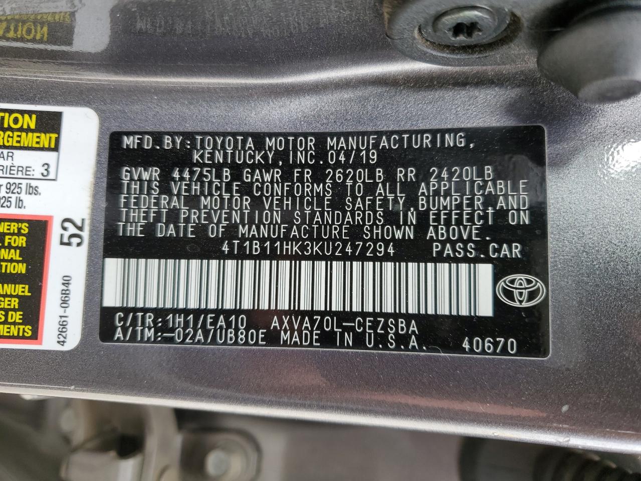 2019 Toyota Camry VIN 4T1B11HK3KU247294 Copart auction photo, front end damage thumbnail 12