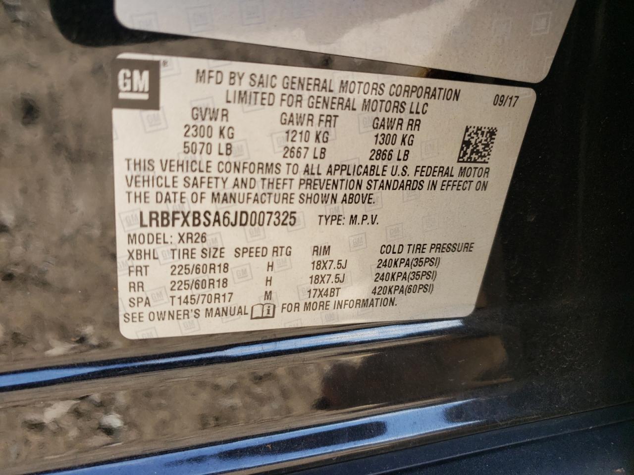 2018 Buick Envision VIN LRBFXBSA6JD007325 Copart auction photo, rear end damage thumbnail 15