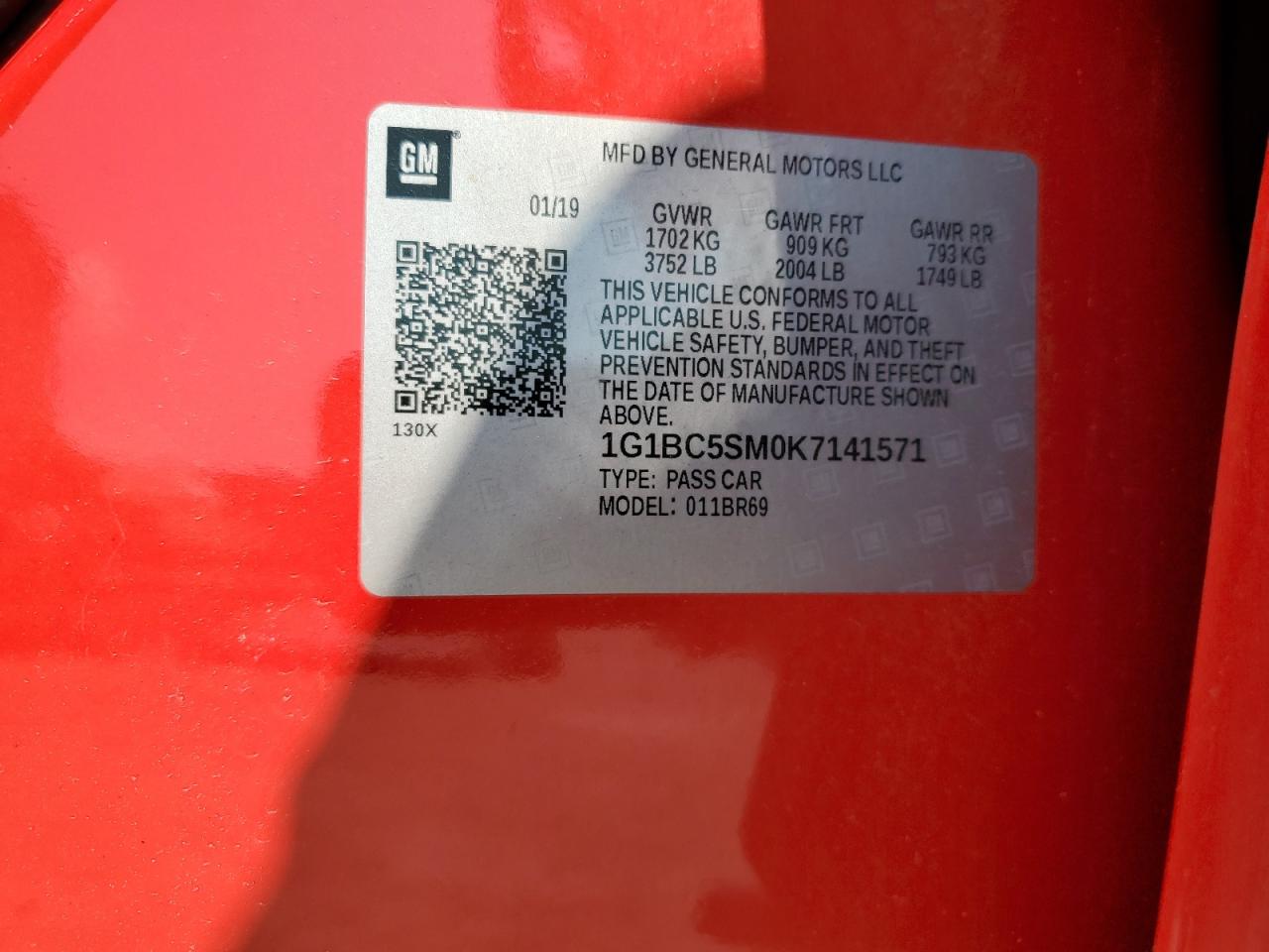 2019 Chevrolet Cruze VIN 1G1BC5SM0K7141571 Copart auction photo, all over damage thumbnail 13