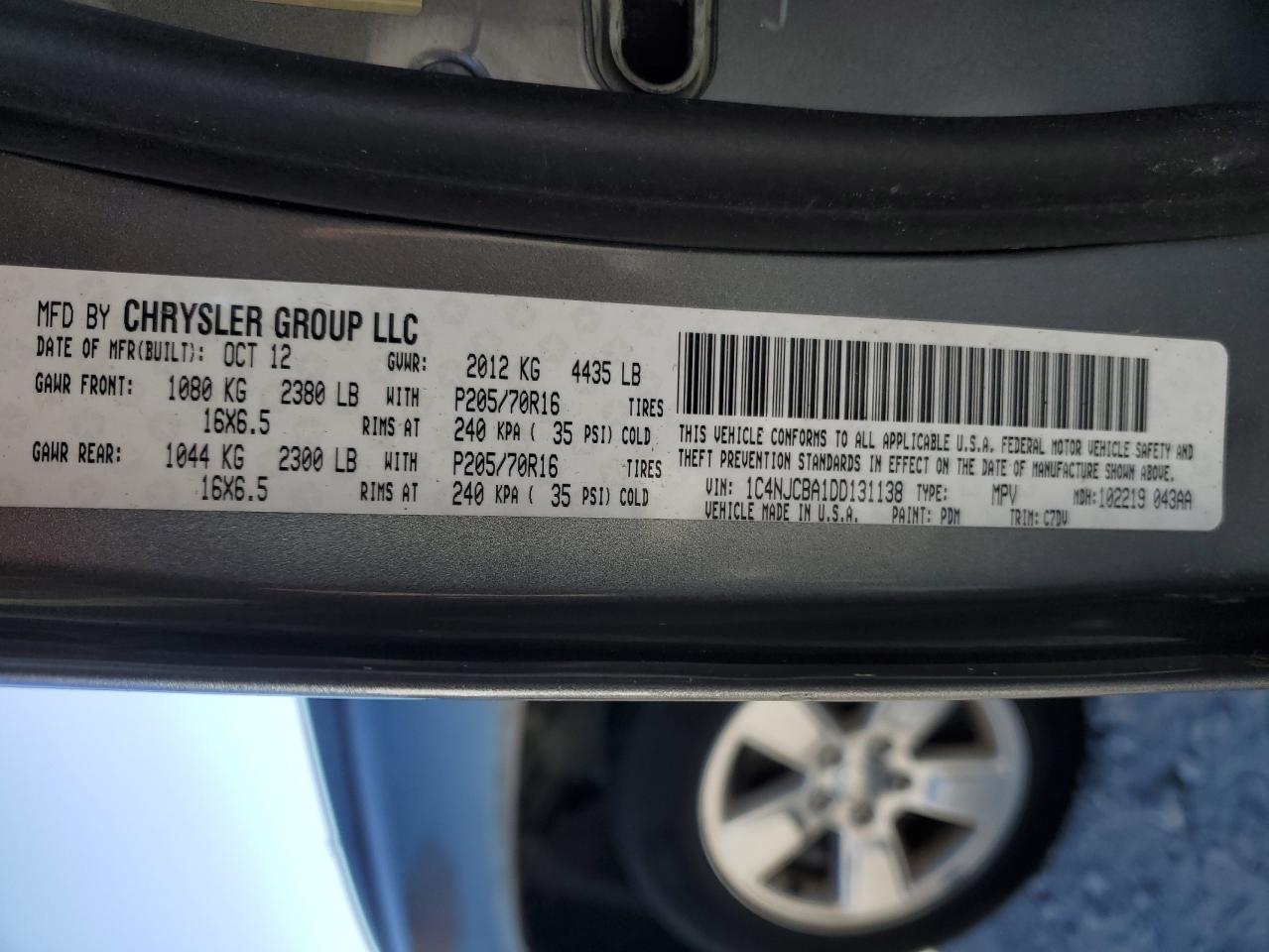 2013 Jeep Compass VIN 1C4NJCBA1DD131138 Copart auction photo, water/flood / all over damage thumbnail 13