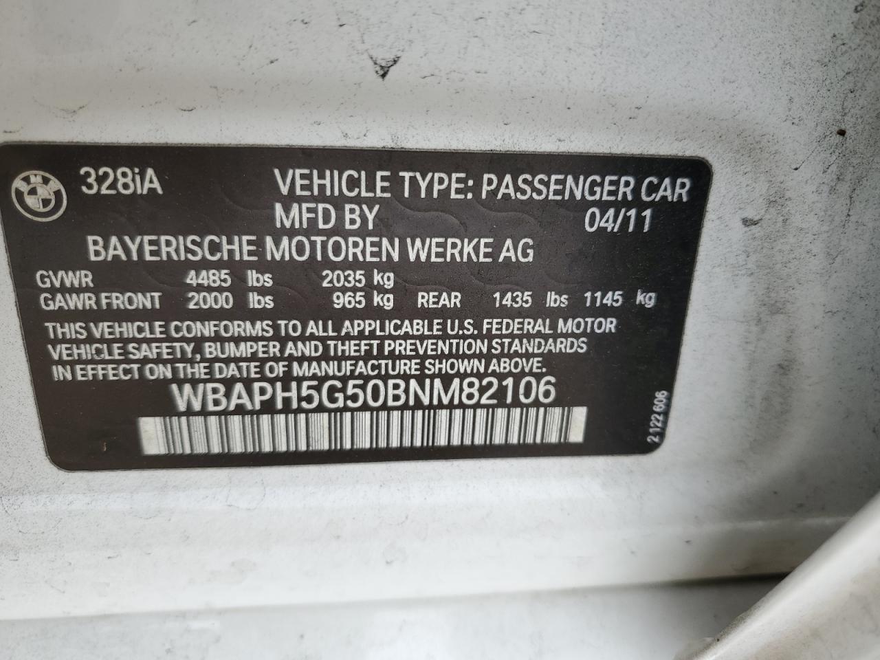 2011 BMW 3er VIN WBAPH5G50BNM82106 Copart auction photo, rear end damage thumbnail 12