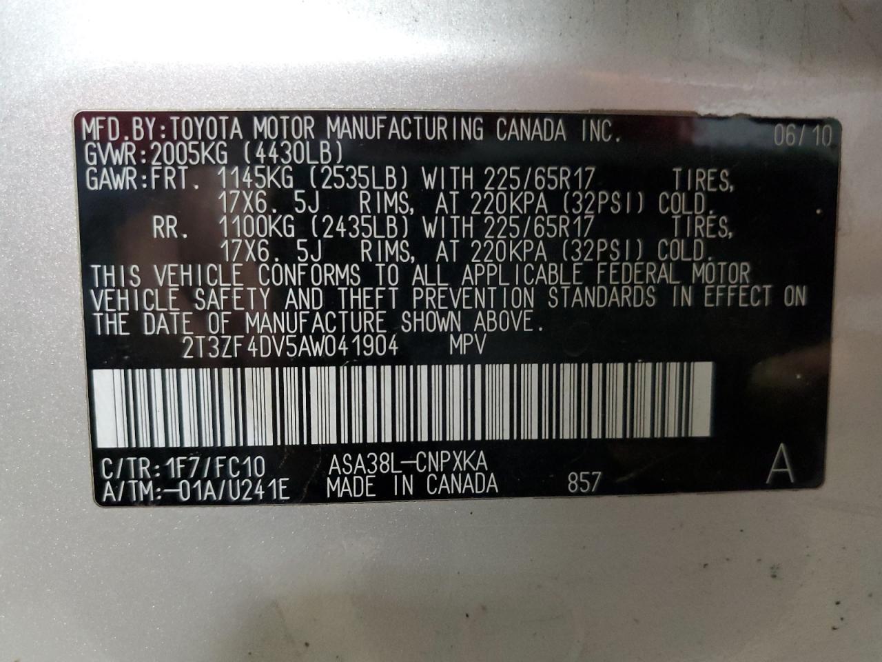 2010 Toyota RAV 4 VIN 2T3ZF4DV5AW041904 Copart auction photo, rear end / side damage thumbnail 14