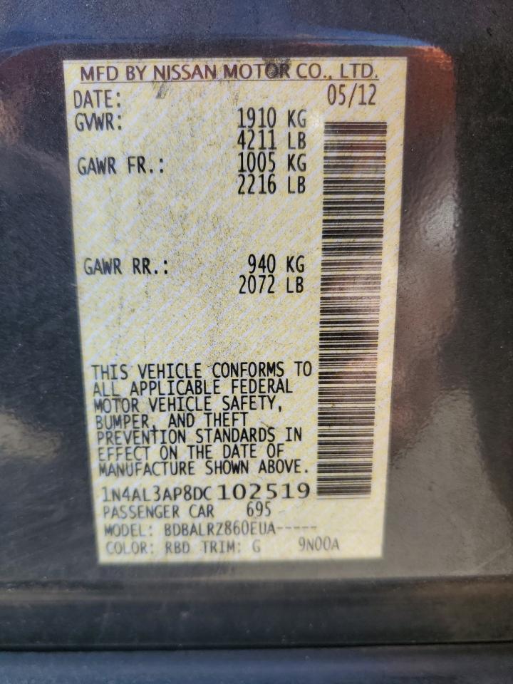 2013 Nissan Altima VIN 1N4AL3AP8DC102519 Copart auction photo, front end / side damage thumbnail 13