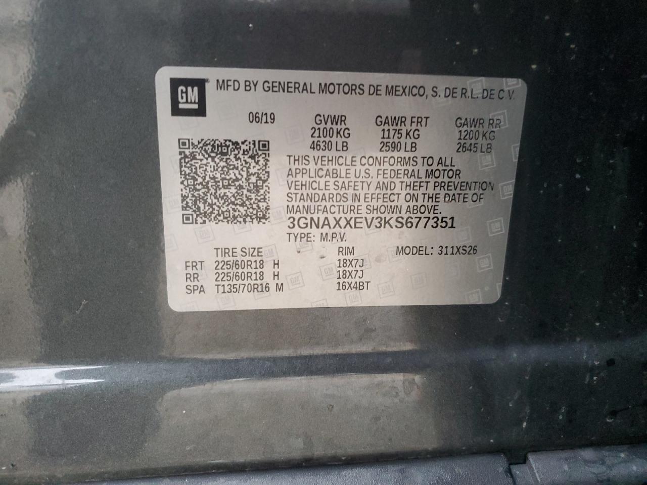2019 Chevrolet Equinox VIN 3GNAXXEV3KS677351 Copart auction photo, side / front end damage thumbnail 14