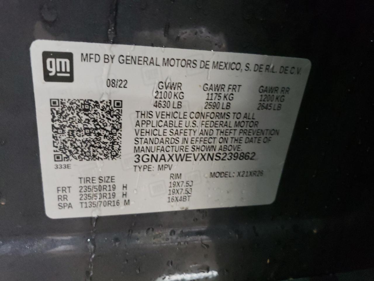 2022 Chevrolet Equinox VIN 3GNAXWEVXNS239862 Copart auction photo, front end damage thumbnail 12