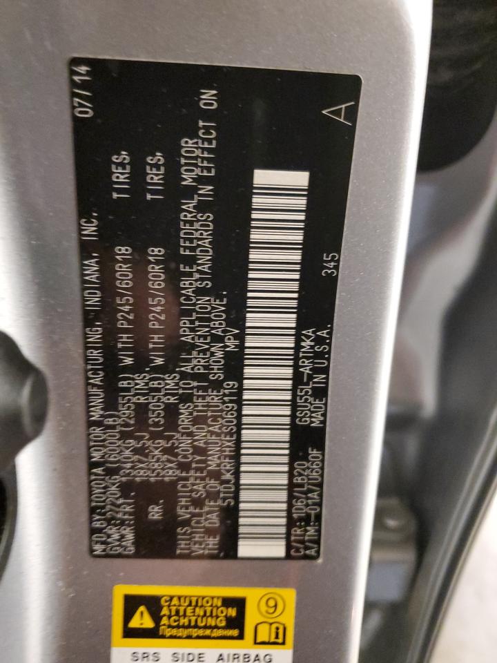 2014 Toyota Highlander VIN 5TDJKRFHXES069119 Copart auction photo, side damage thumbnail 15