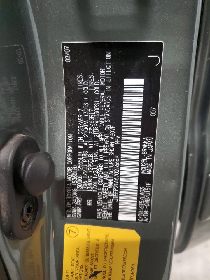 2007 Toyota Highlander VIN JTEEP21A670216669 Copart auction photo, front end / rear end damage thumbnail 13