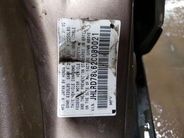 2002 Honda CR-V VIN JHLRD78862C080021 Copart auction photo, front end / side damage thumbnail 12