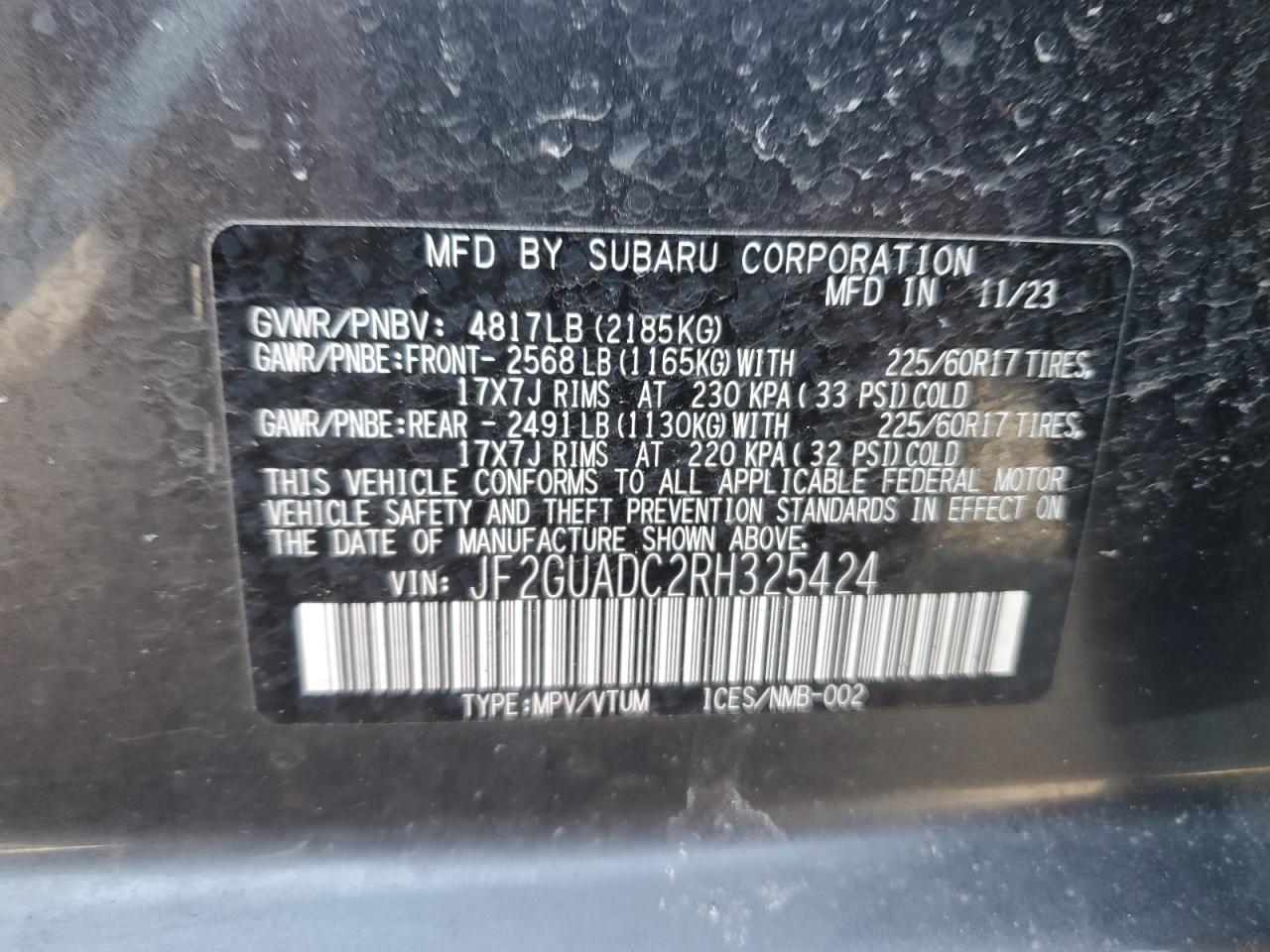 2024 Subaru XV VIN JF2GUADC2RH325424 Copart auction photo, side / rear end damage thumbnail 15