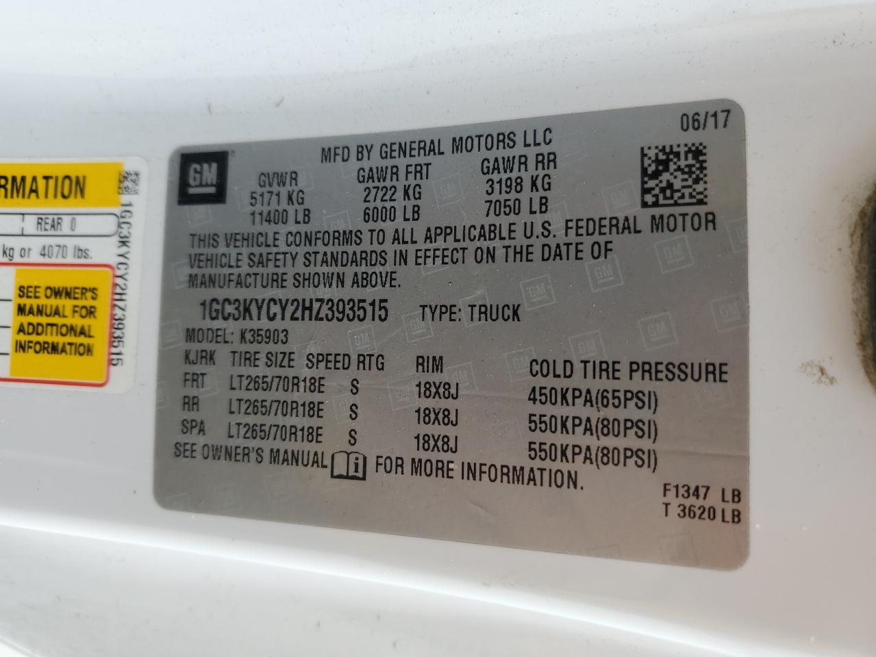 2017 Chevrolet Silverado VIN 1GC3KYCY2HZ393515 Copart auction photo, water/flood damage thumbnail 13
