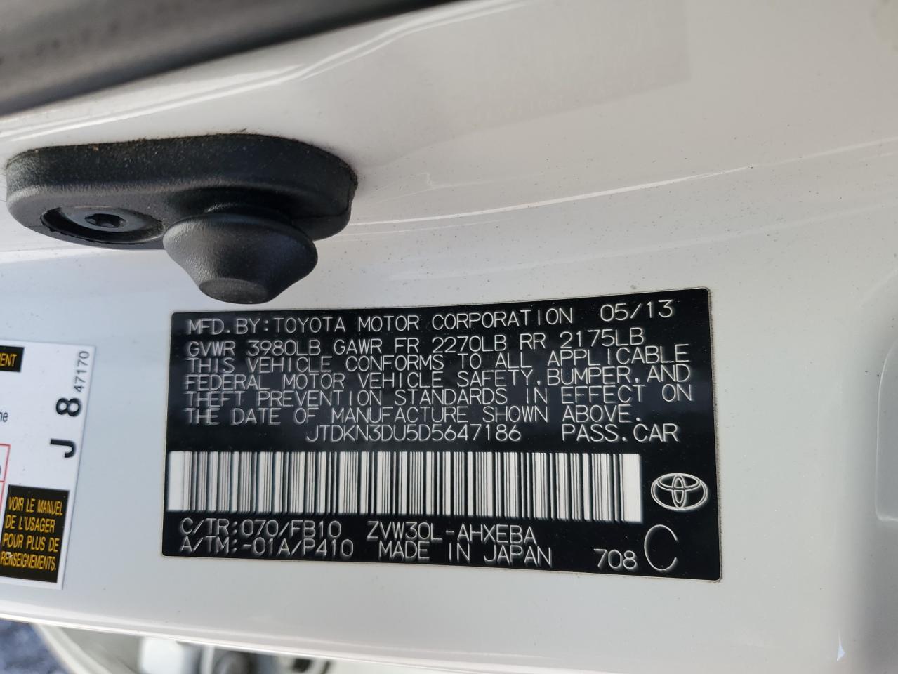2013 Toyota Prius VIN JTDKN3DU5D5647186 Copart auction photo, side / front end damage thumbnail 14