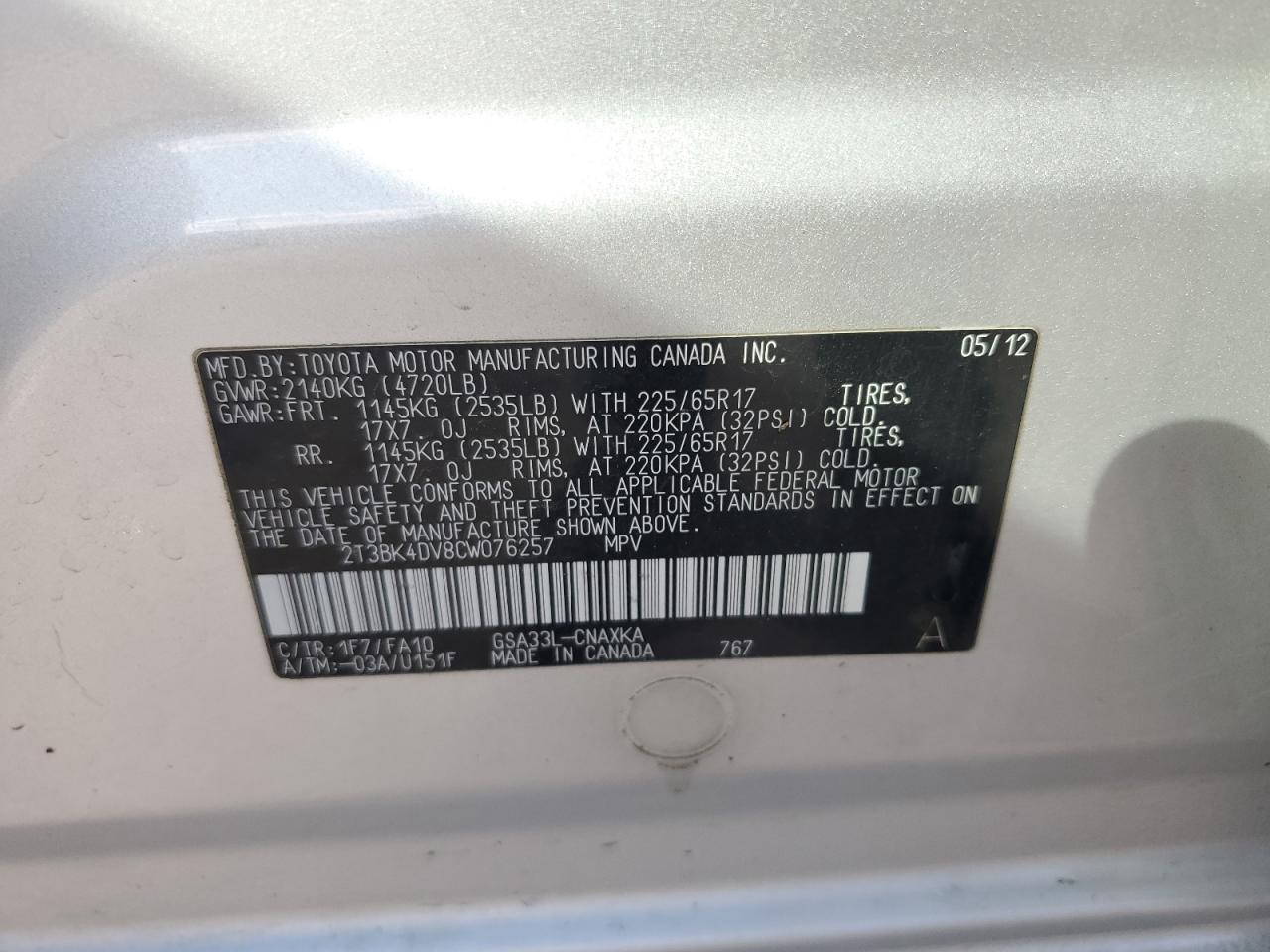 2012 Toyota RAV 4 VIN 2T3BK4DV8CW076257 Copart auction photo, front end damage thumbnail 14