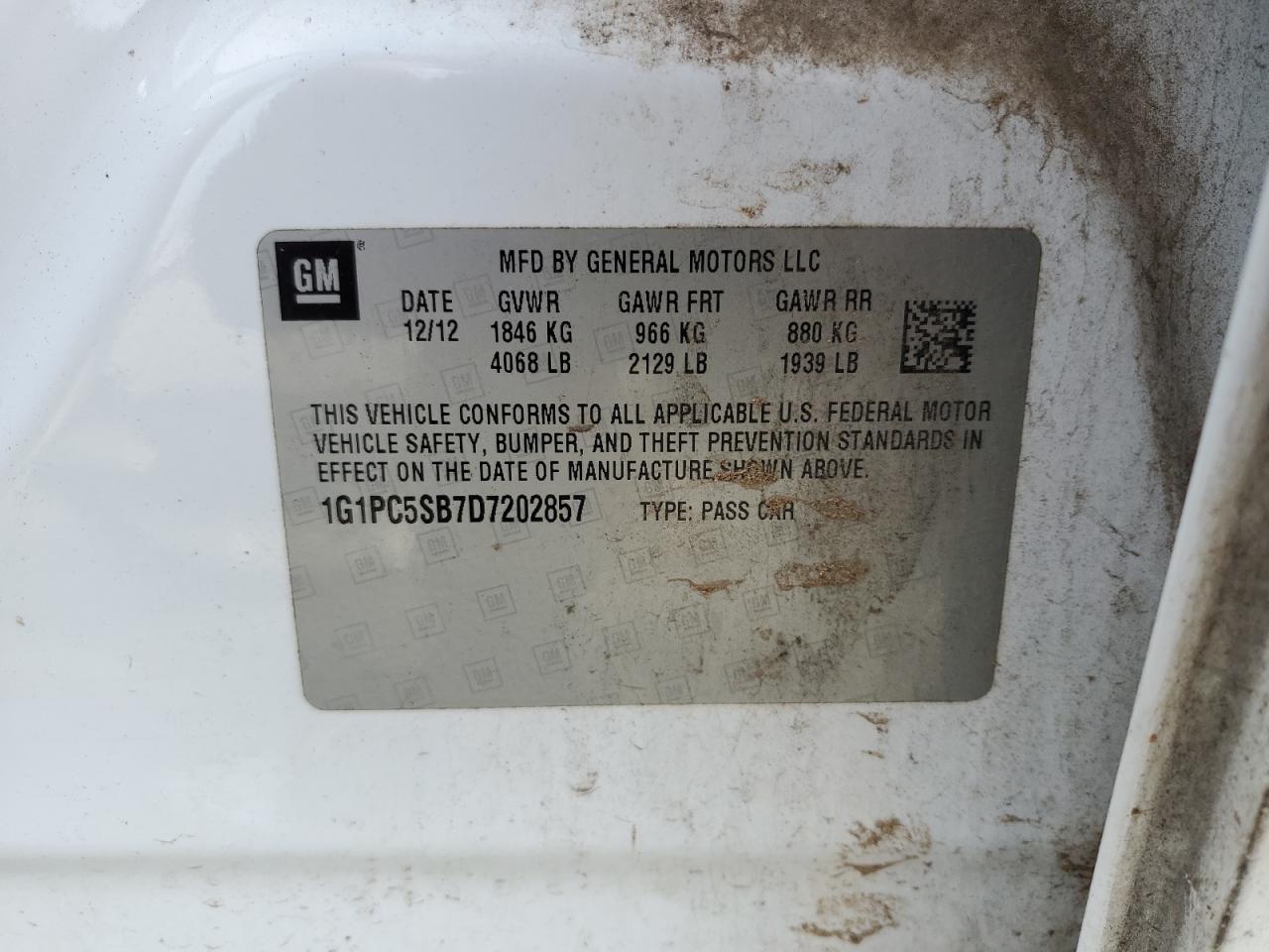 2013 Chevrolet Cruze VIN 1G1PC5SB7D7202857 Copart auction photo, all over / undercarriage damage thumbnail 13