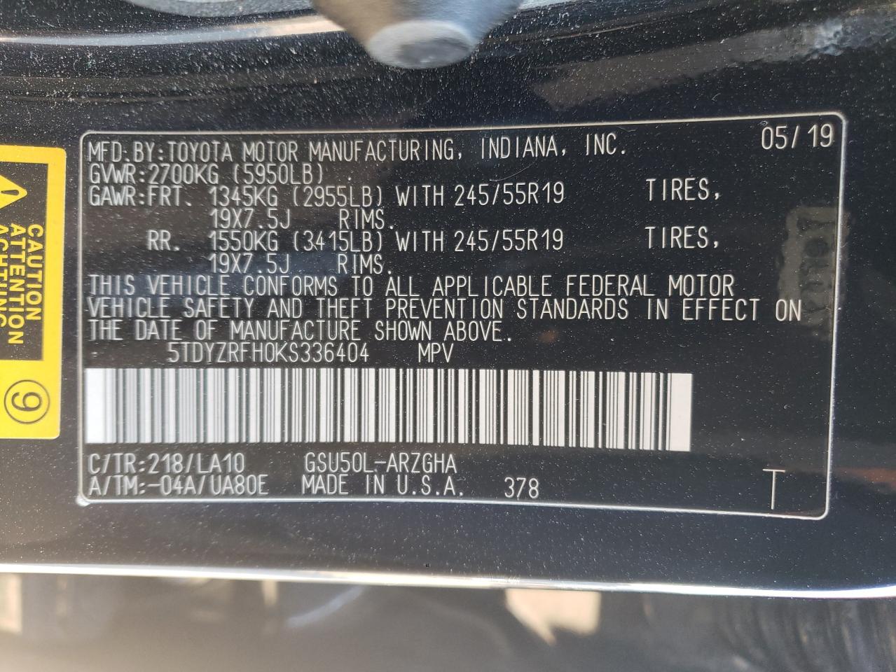 2019 Toyota Highlander VIN 5TDYZRFH0KS336404 Copart auction photo, all over / minor dent/scratches damage thumbnail 14
