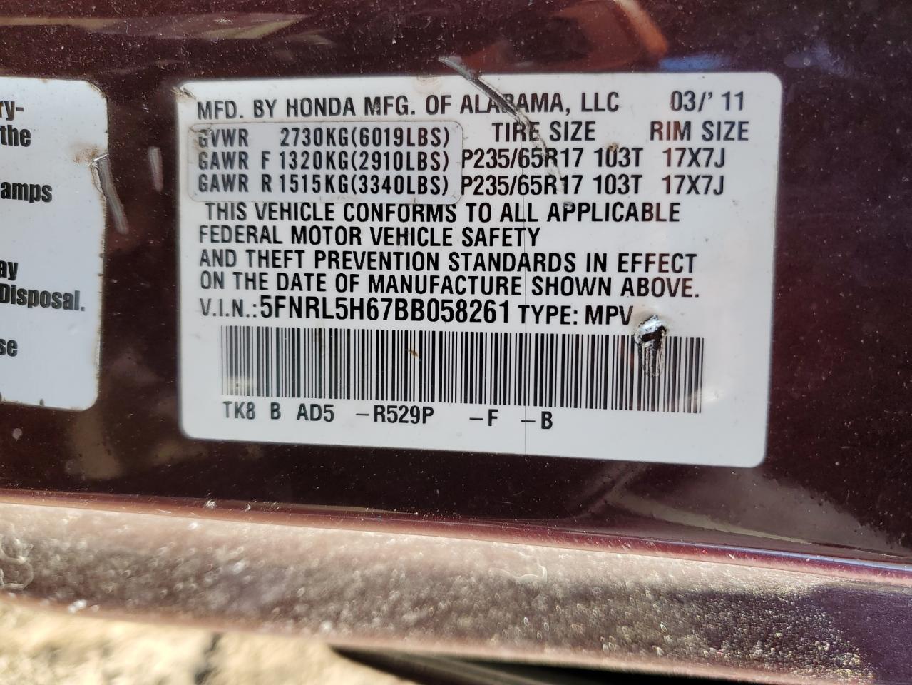 2011 Honda Odyssey VIN 5FNRL5H67BB058261 Copart auction photo, front end / all over damage thumbnail 13