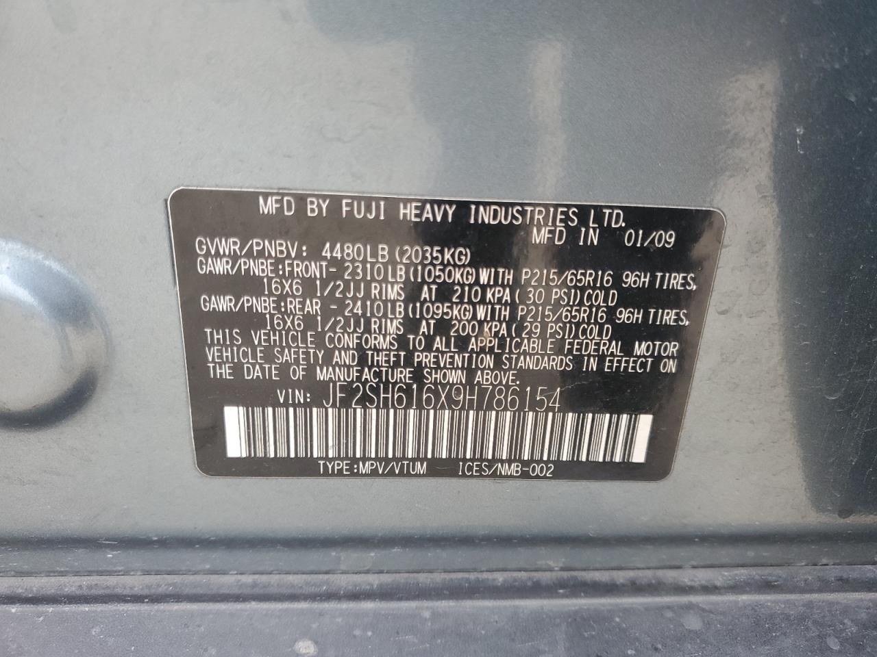 2009 Subaru Forester VIN JF2SH616X9H786154 Copart auction photo, front end / minor dent/scratches damage thumbnail 12