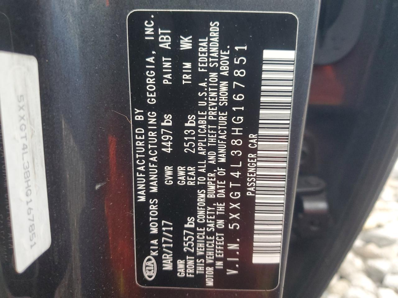 2017 KIA Optima VIN 5XXGT4L38HG167851 Copart auction photo, rear end damage thumbnail 13