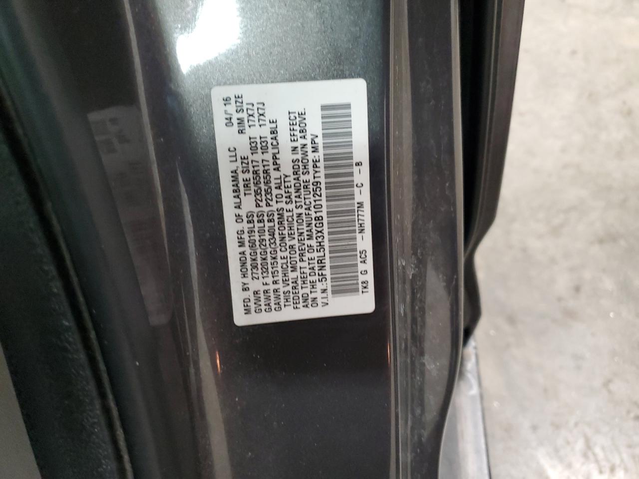 2016 Honda Odyssey VIN 5FNRL5H3XGB101259 Copart auction photo, front end damage thumbnail 13