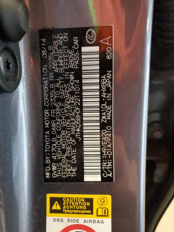 2015 Lexus CT VIN JTHKD5BH0F2211014 Copart auction photo, rear end damage thumbnail 12