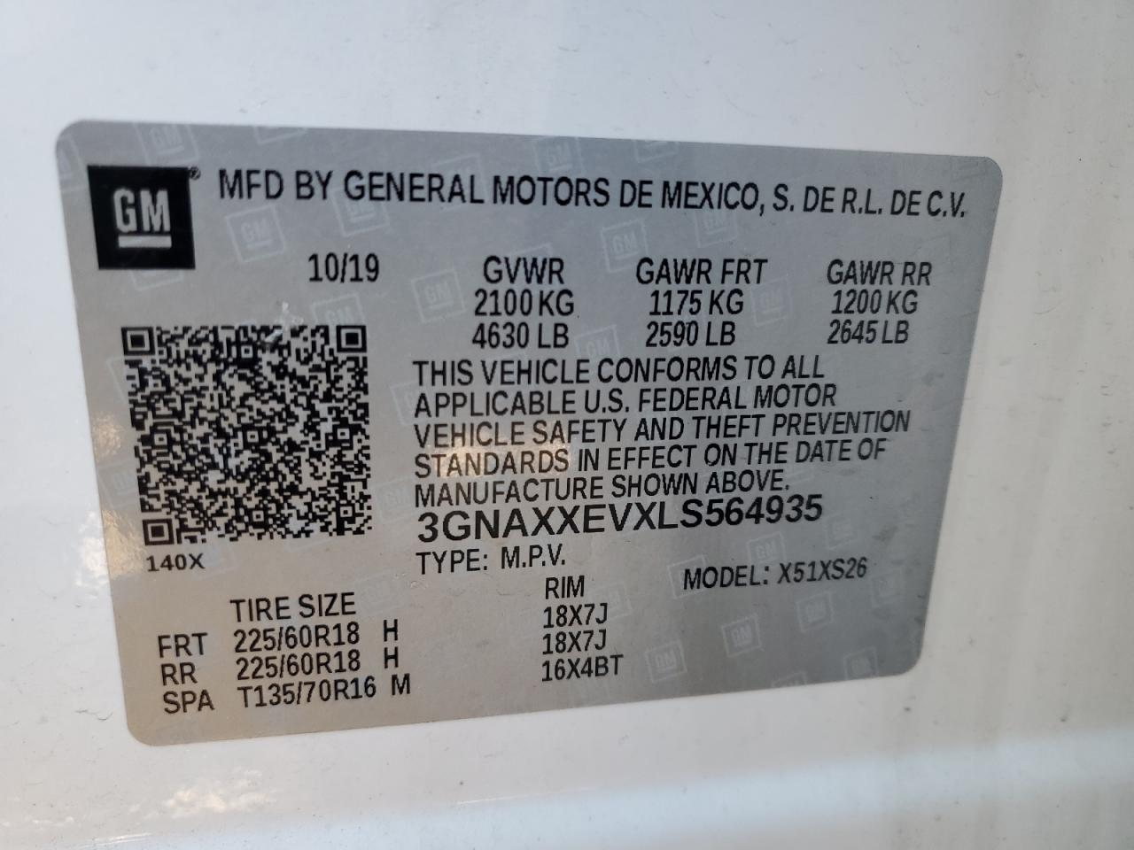 2020 Chevrolet Equinox VIN 3GNAXXEVXLS564935 Copart auction photo, front end / minor dent/scratches damage thumbnail 12