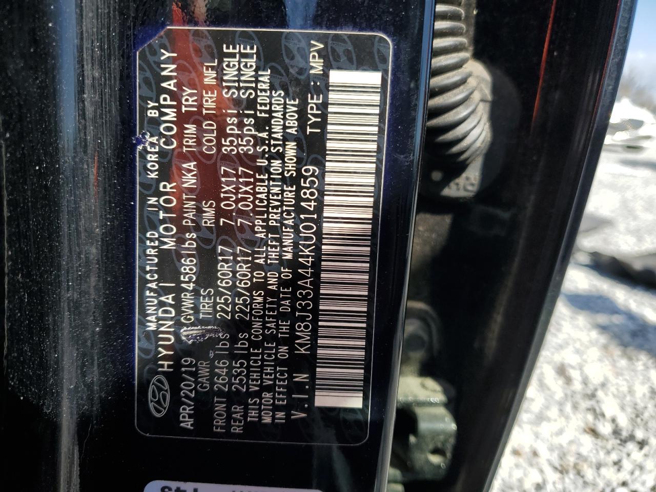 2019 Hyundai Tucson VIN KM8J33A44KU014859 Copart auction photo, side damage thumbnail 13