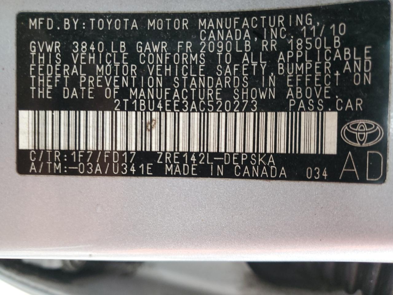 2010 Toyota Corolla VIN 2T1BU4EE3AC520273 Copart auction photo, front end damage thumbnail 13