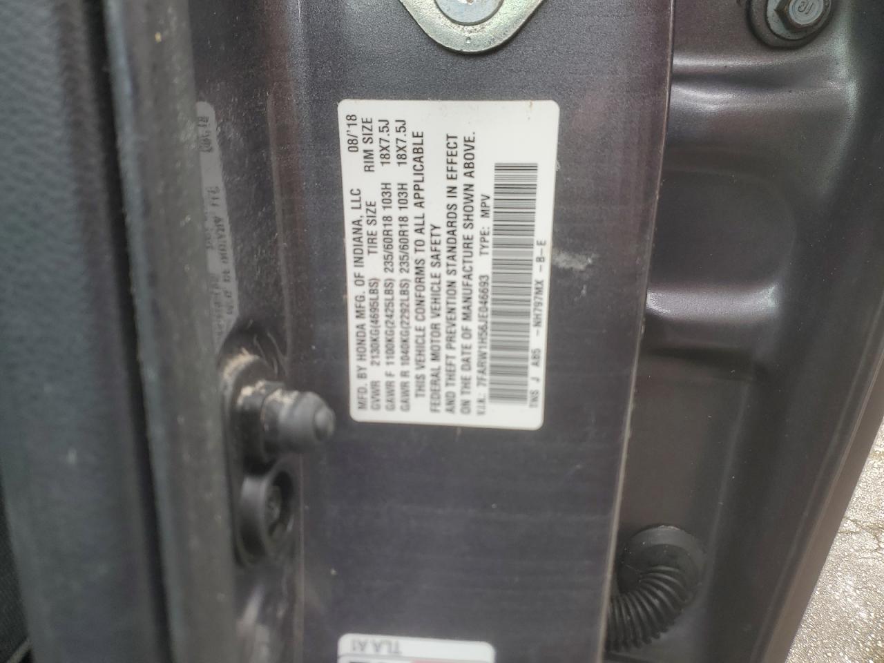 2018 Honda CR-V VIN 7FARW1H56JE046693 Copart auction photo, water/flood damage thumbnail 14