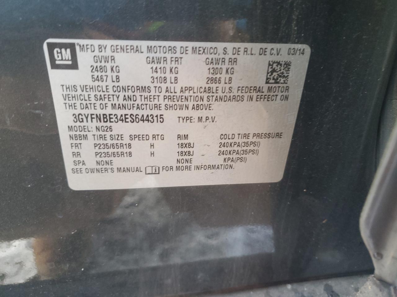 2014 Cadillac SRX VIN 3GYFNBE34ES644315 Copart auction photo, rear end damage thumbnail 13