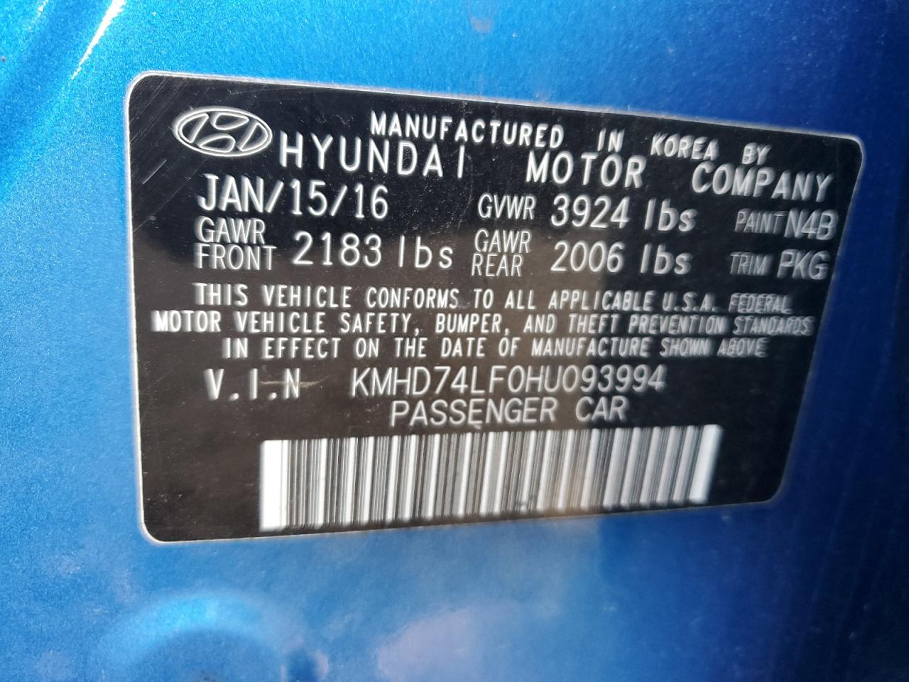 2017 Hyundai Elantra VIN KMHD74LF0HU093994 Copart auction photo, front end / side damage thumbnail 12