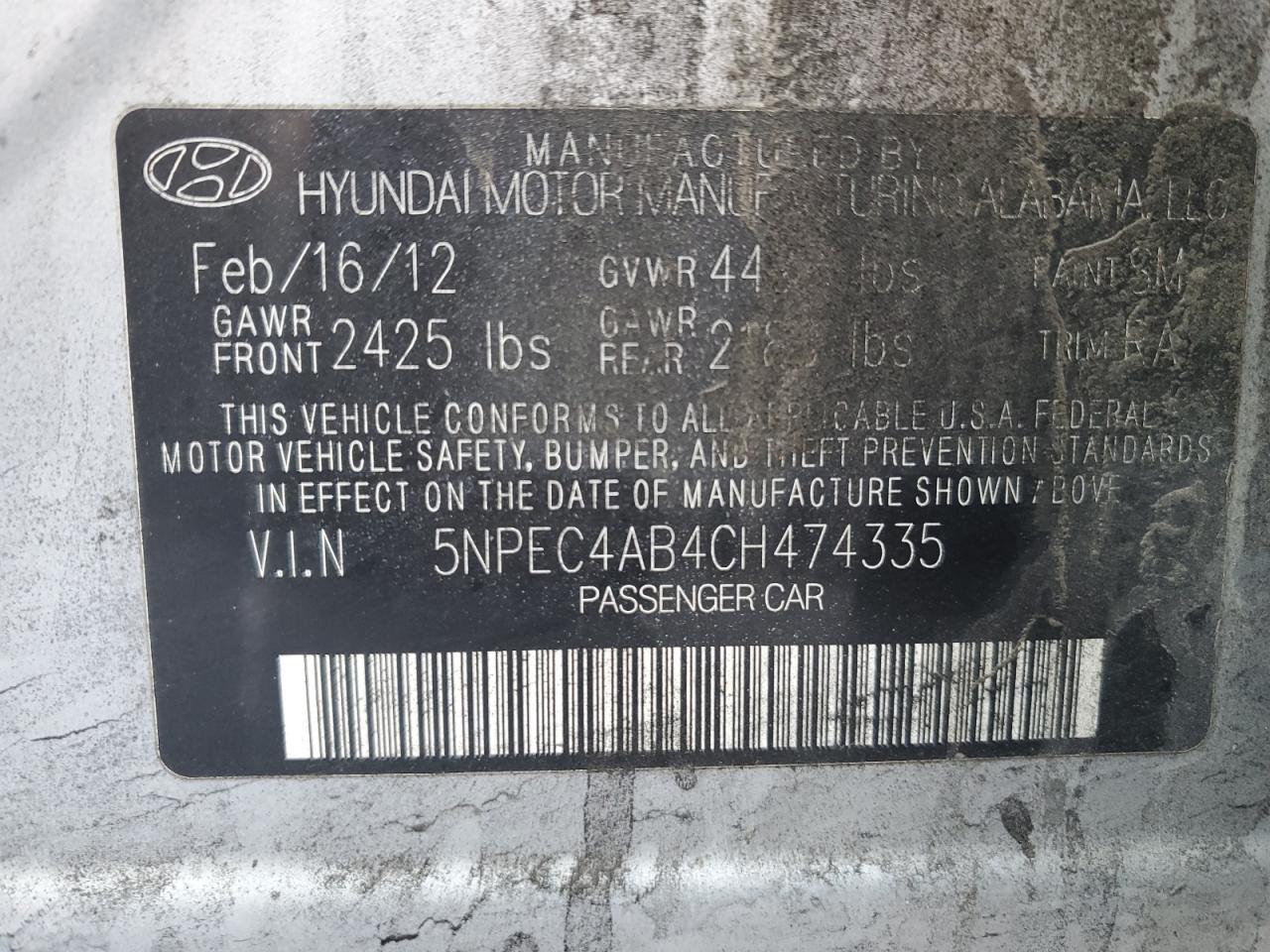 2012 Hyundai Sonata VIN 5NPEC4AB4CH474335 Copart auction photo, front end / side damage thumbnail 14