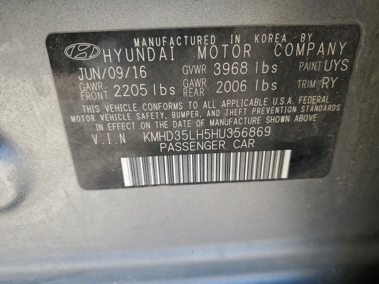 2017 Hyundai Elantra VIN KMHD35LH5HU356869 Copart auction photo, hail damage thumbnail 12