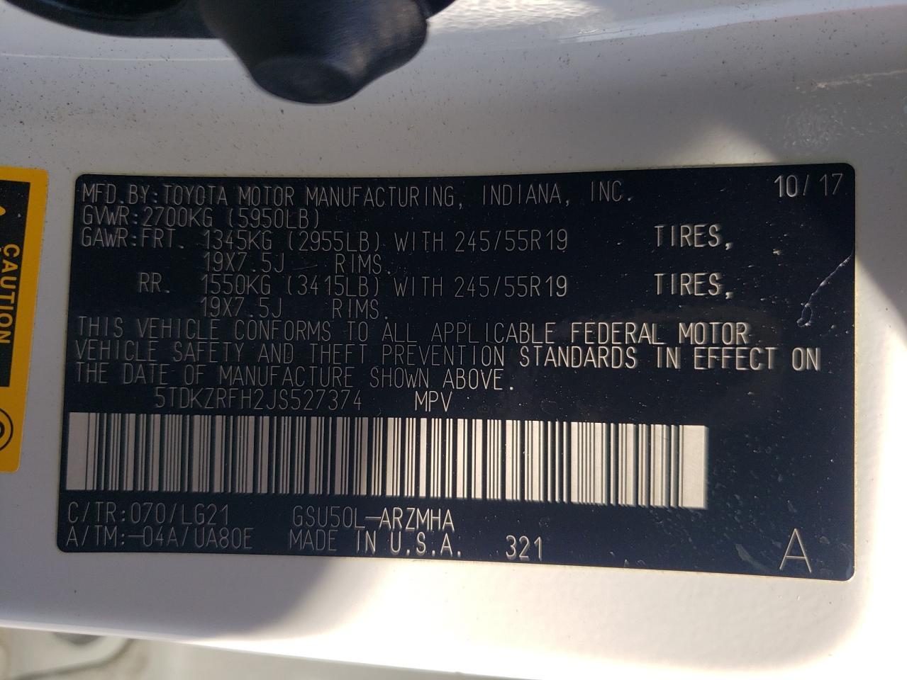2018 Toyota Highlander VIN 5TDKZRFH2JS527374 Copart auction photo, front end damage thumbnail 13