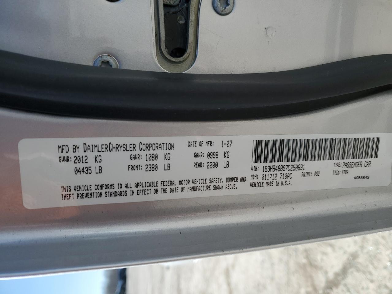 2007 Dodge Caliber VIN 1B3HB48B97D250691 Copart auction photo, rear end damage thumbnail 13