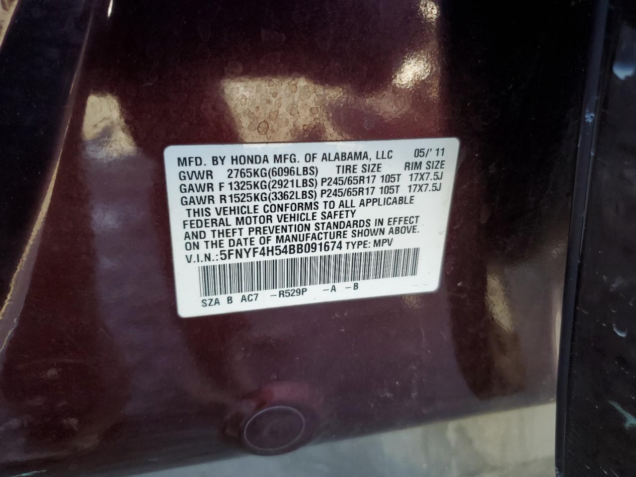 2011 Honda Pilot VIN 5FNYF4H54BB091674 Copart auction photo, front end damage thumbnail 13