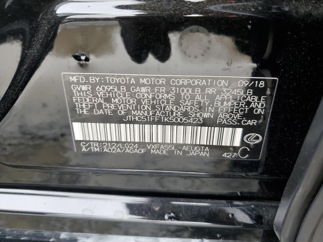 2019 Lexus LS VIN JTHC51FF1K5005423 Copart auction photo, front end damage thumbnail 12