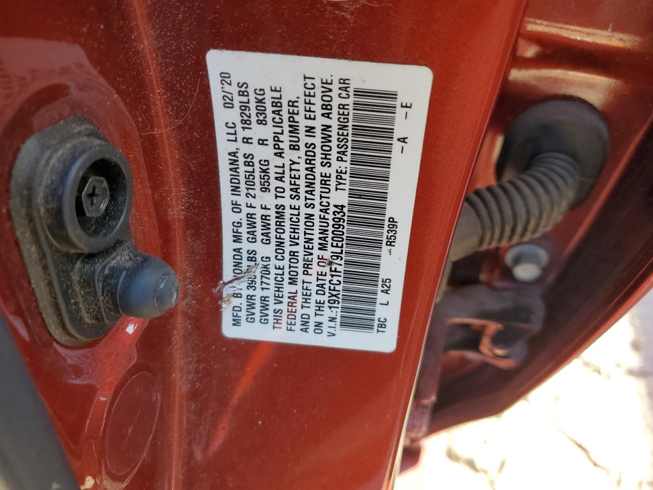 2020 Honda Civic VIN 19XFC1F79LE009934 Copart auction photo, rear end / minor dent/scratches damage thumbnail 15
