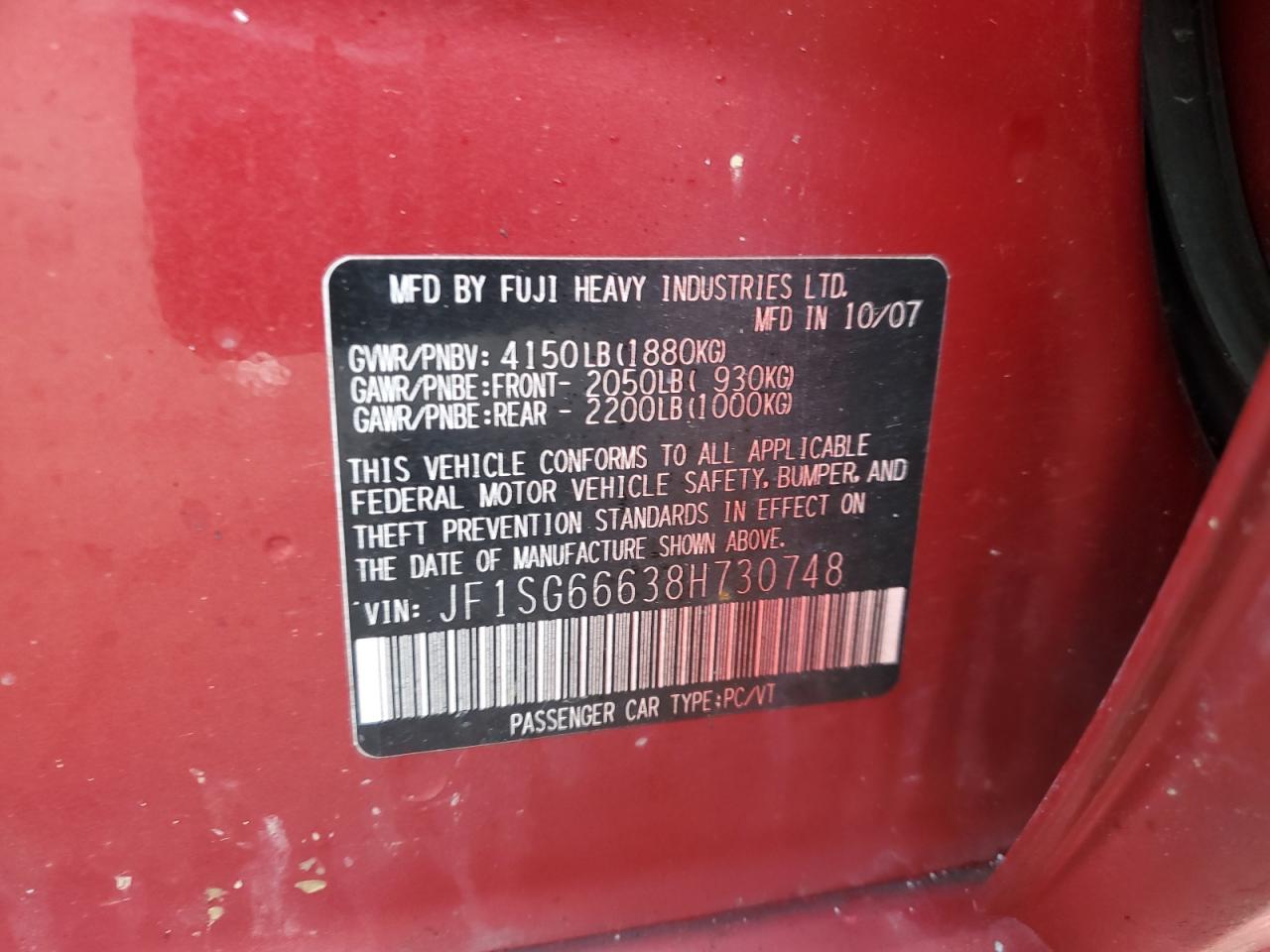 2008 Subaru Forester VIN JF1SG66638H730748 Copart auction photo, burn / rear end damage thumbnail 14