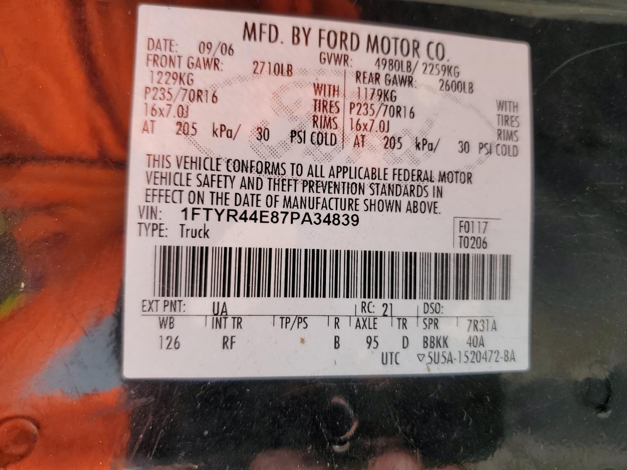 2007 Ford Ranger VIN 1FTYR44E87PA34839 Copart auction photo, rollover damage thumbnail 12