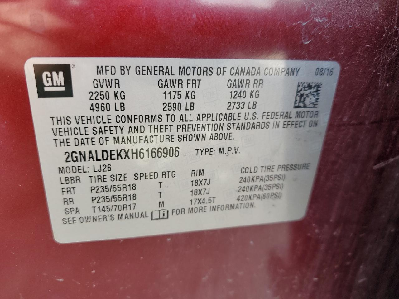 2017 Chevrolet Equinox VIN 2GNALDEKXH6166906 Copart auction photo, front end damage thumbnail 13