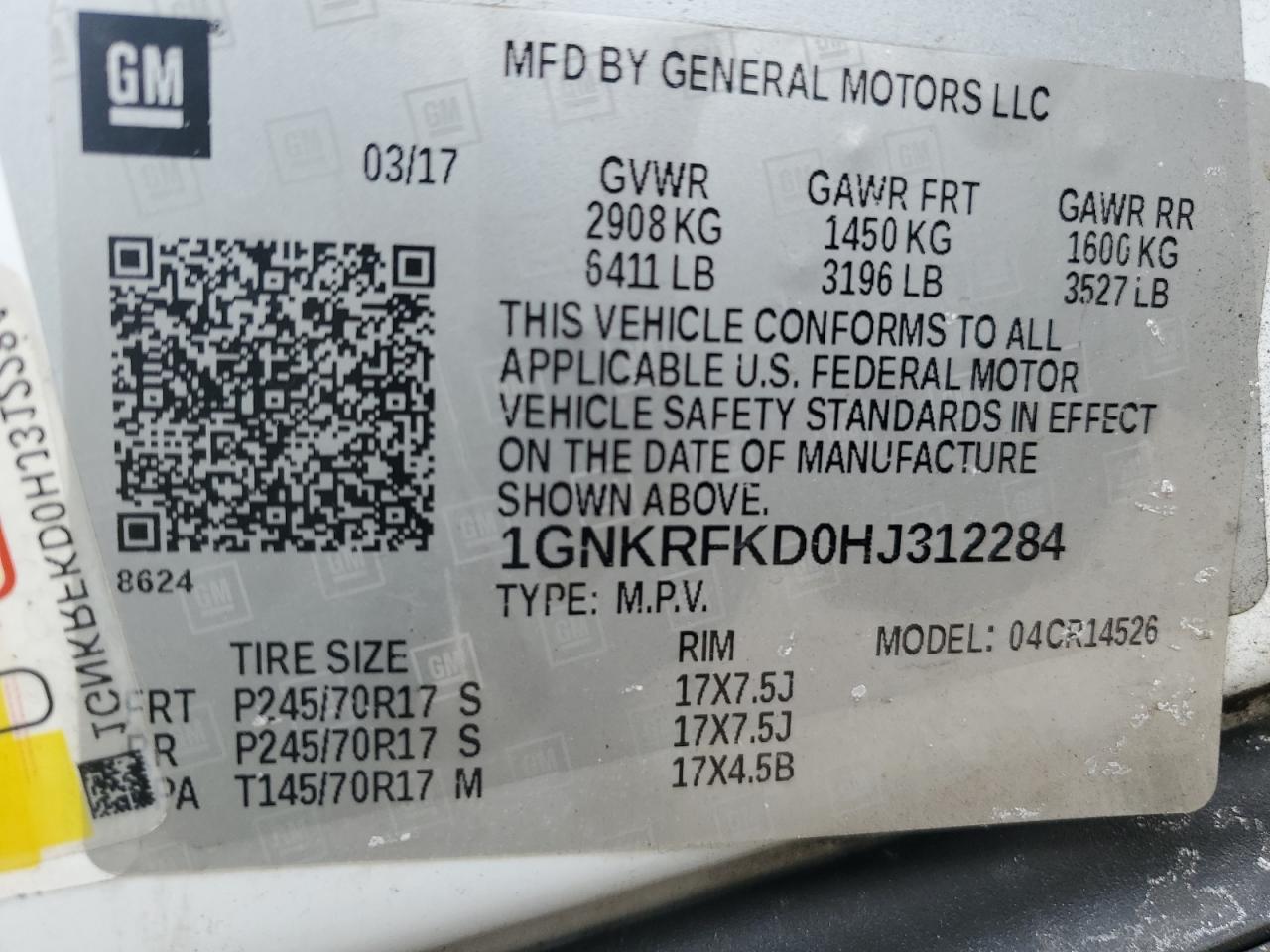 2017 Chevrolet Traverse VIN 1GNKRFKD0HJ312284 Copart auction photo, rear end / minor dent/scratches damage thumbnail 14