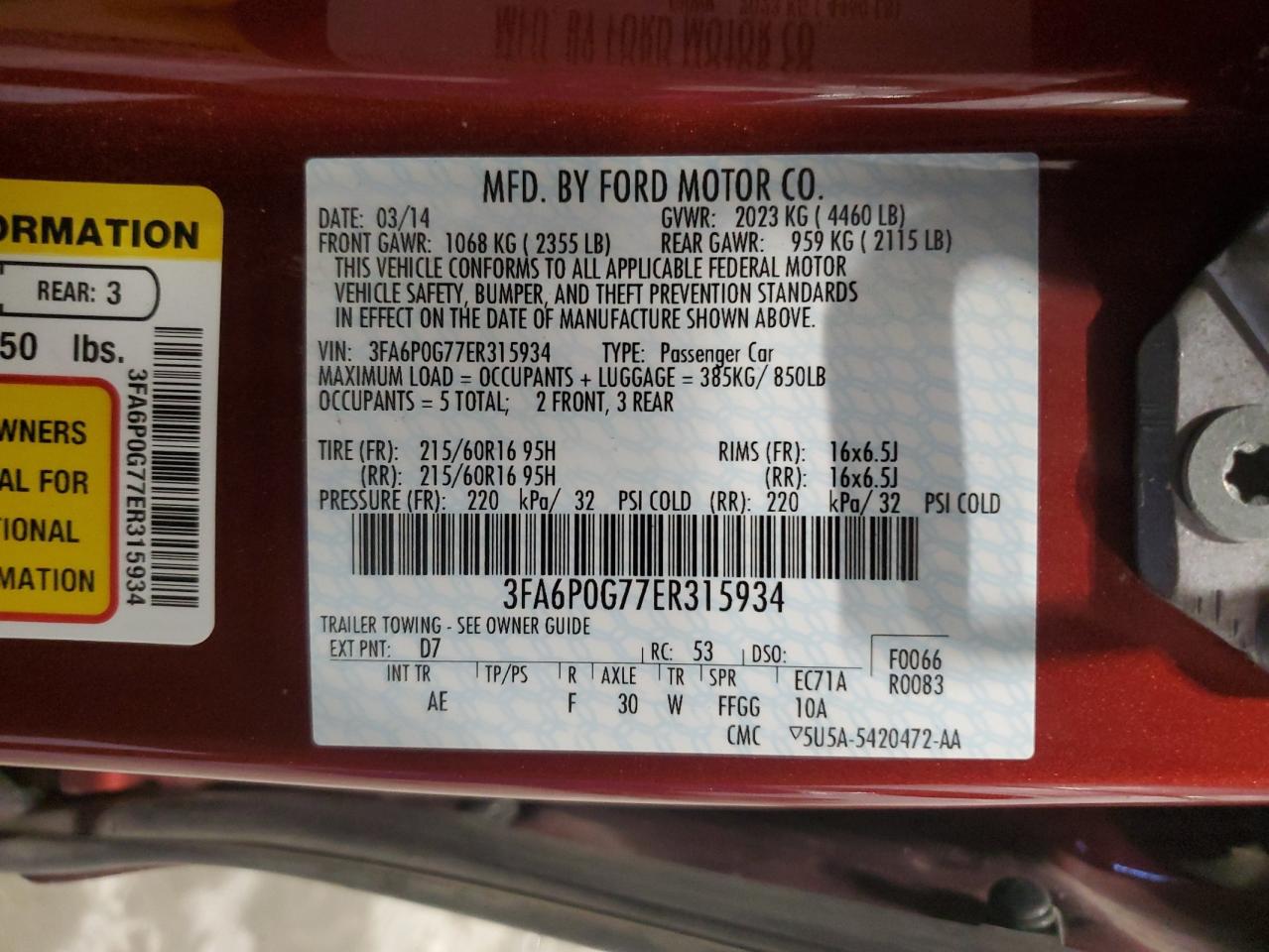 2014 Ford Fusion VIN 3FA6P0G77ER315934 Copart auction photo, minor dent/scratches damage thumbnail 12