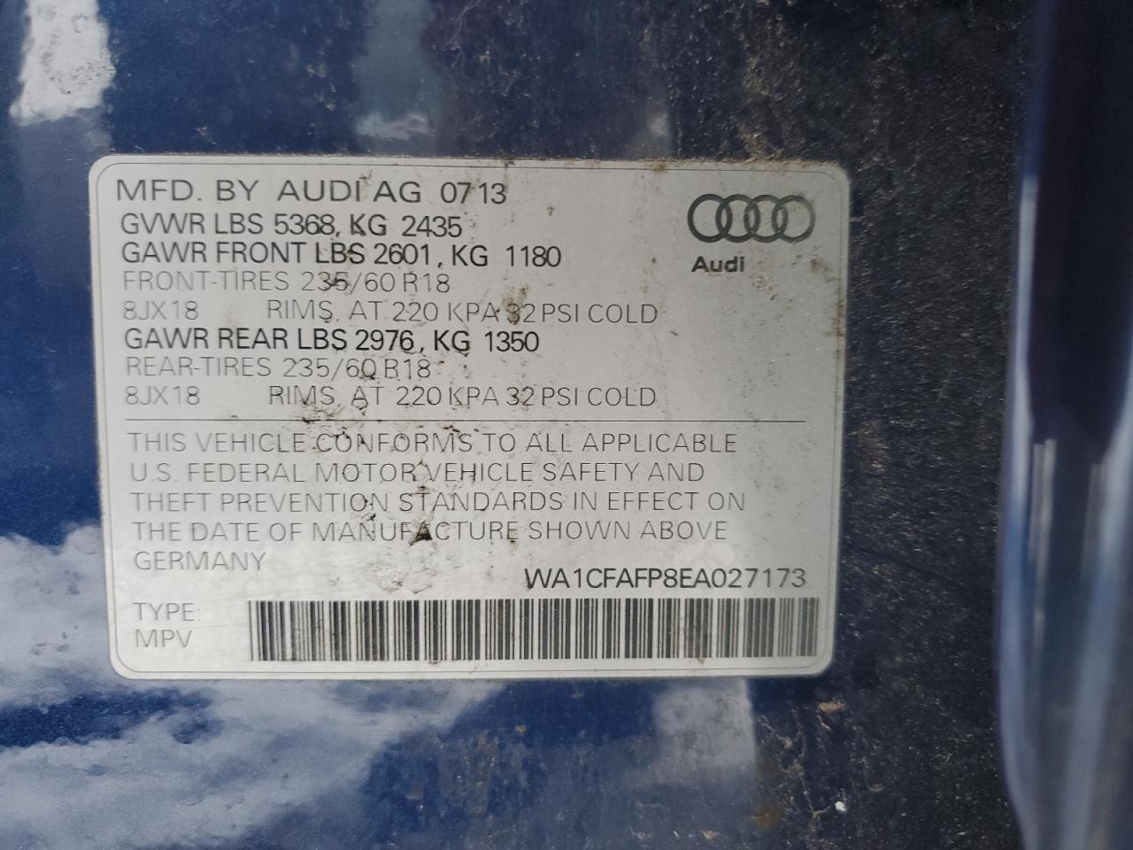 2014 Audi Q5 VIN WA1CFAFP8EA027173 Copart auction photo, front end damage thumbnail 13