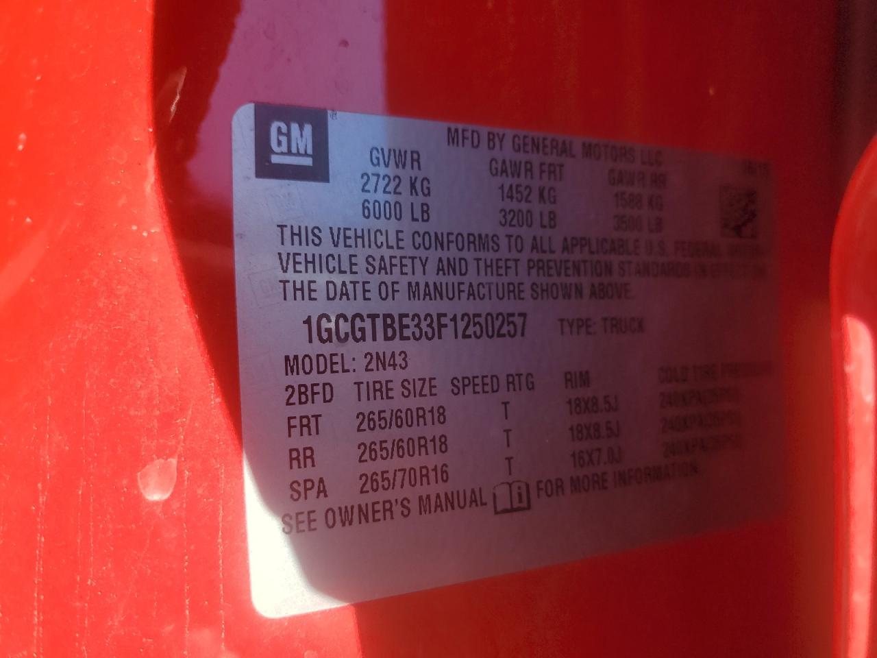 2015 Chevrolet Colorado VIN 1GCGTBE33F1250257 Copart auction photo, side / front end damage thumbnail 14