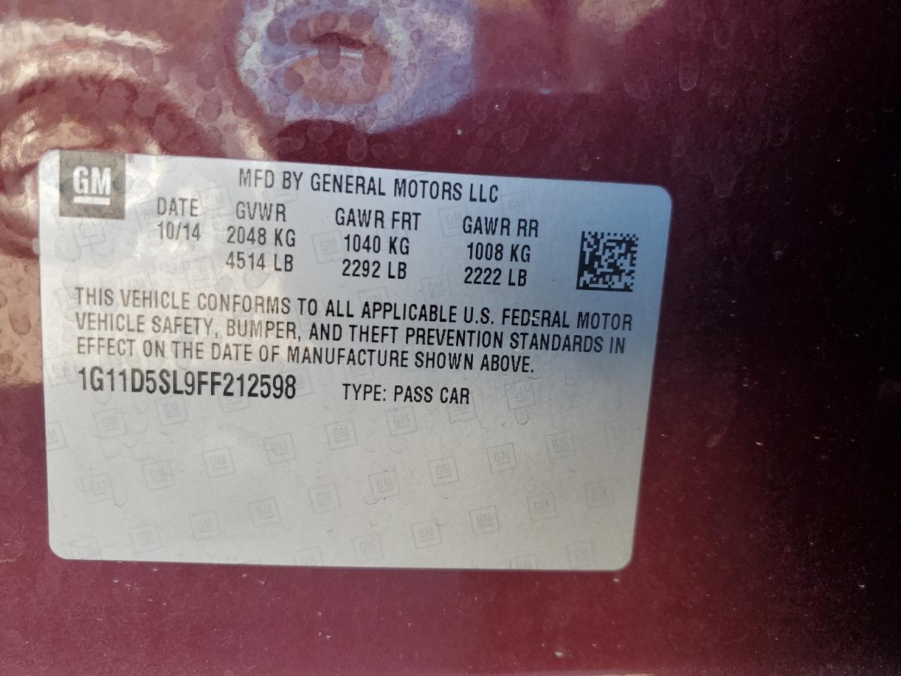 2015 Chevrolet Malibu VIN 1G11D5SL9FF212598 Copart auction photo, front end damage thumbnail 14
