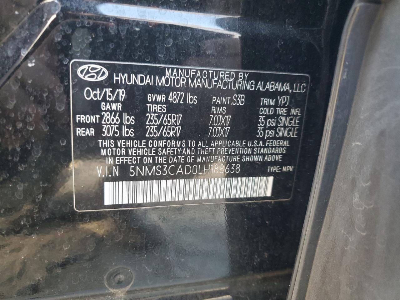 2020 Hyundai Santa Fe VIN 5NMS3CAD0LH188638 Copart auction photo, rear end damage thumbnail 14